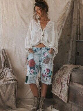 OOAK Upcycled Boho Patchwork Denim Miner Shorts  Floral Appliqué Jean Shorts